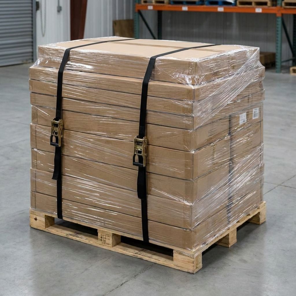 Cardboard boxes and flat-pack packages secured